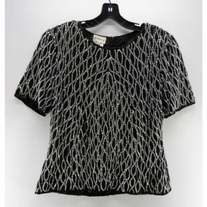 VINTAGE Stenay Top XL Silk Blouse Beaded Shoulder Pads Evenings 90s